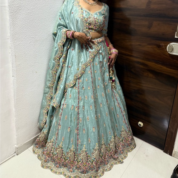 Designer heavy chaniya choli lehnga in sky blue color with handwork details - Picture 1 of 8